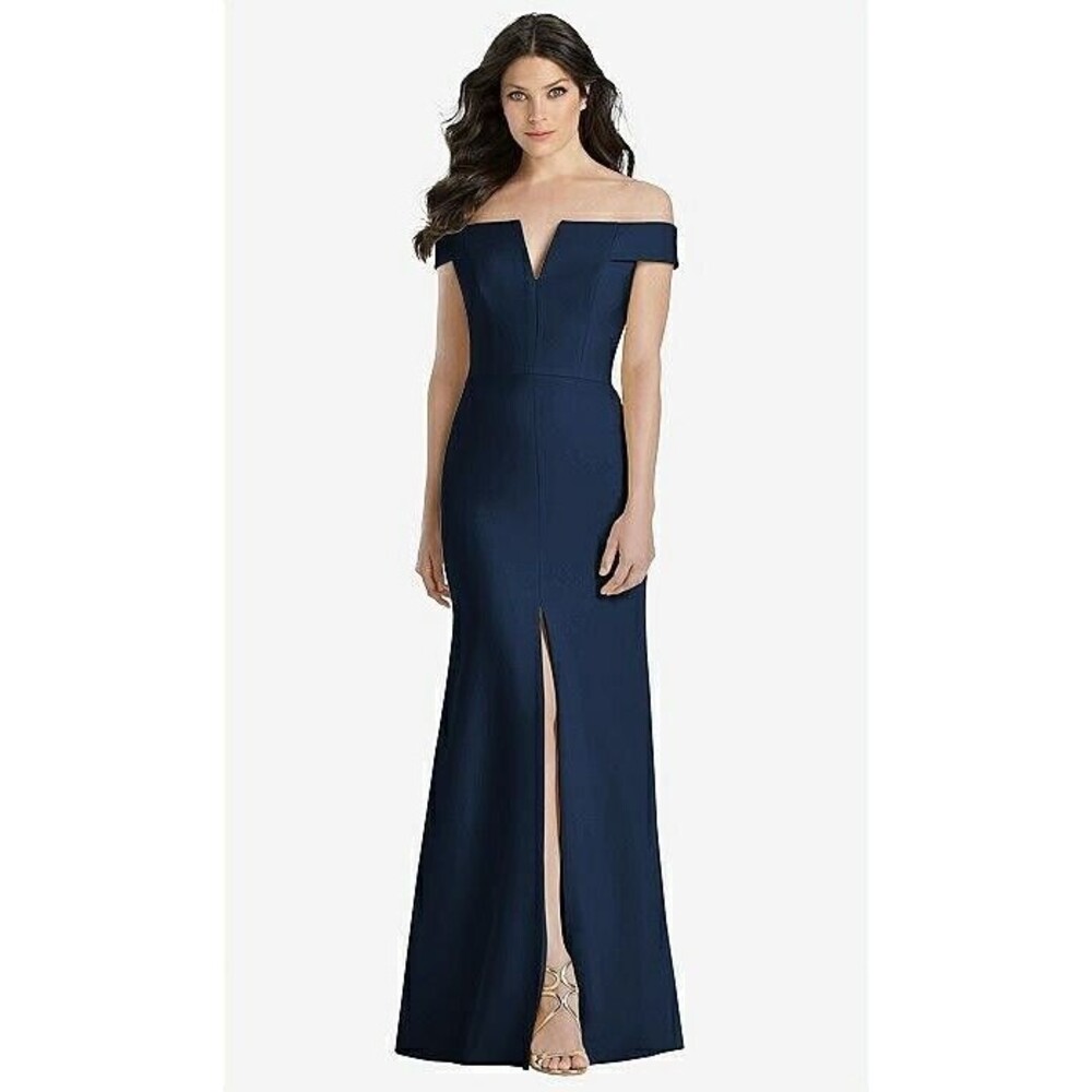 Dessy Collection Off Shoulder Notched Trumpet Gown 16R Slit Midnight Navy B5